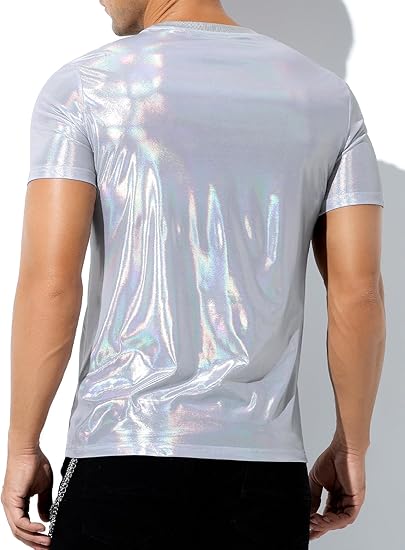 Hombres Sexy Brillante Metálico Camisetas Manga Corta Sparkly Camisas Disco Holográfico Tops