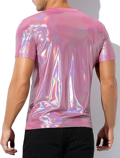 Hombres Sexy Brillante Metálico Camisetas Manga Corta Sparkly Camisas Disco Holográfico Tops