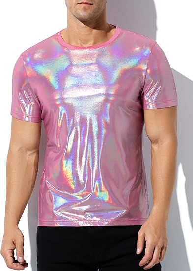 Arjen Kroos - Men's Sexy Shiny Metallic T-Shirts Short Sleeve Sparkly Shirts Disco Holographic Tops - Arjen Kroos - Pink - CK335410S
#color_pink