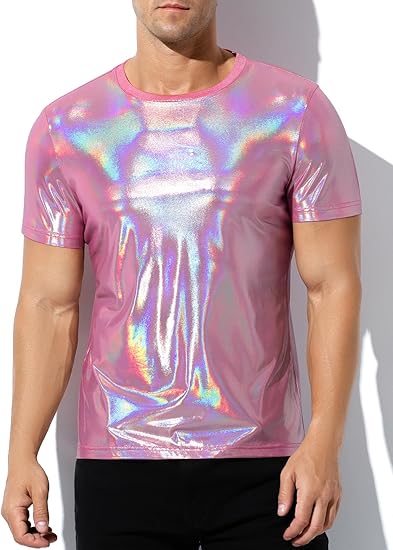 Hombres Sexy Brillante Metálico Camisetas Manga Corta Sparkly Camisas Disco Holográfico Tops