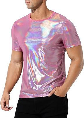 Hombres Sexy Brillante Metálico Camisetas Manga Corta Sparkly Camisas Disco Holográfico Tops