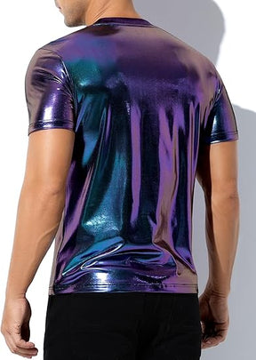 Hombres Sexy Brillante Metálico Camisetas Manga Corta Sparkly Camisas Disco Holográfico Tops