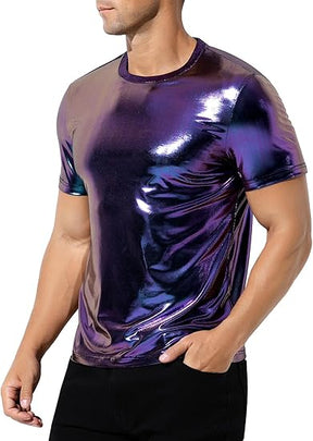 Hombres Sexy Brillante Metálico Camisetas Manga Corta Sparkly Camisas Disco Holográfico Tops