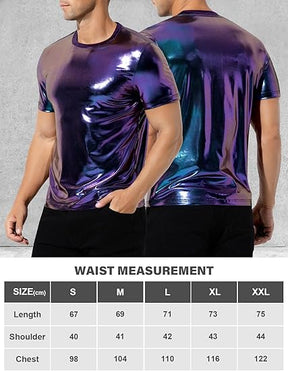 Hombres Sexy Brillante Metálico Camisetas Manga Corta Sparkly Camisas Disco Holográfico Tops