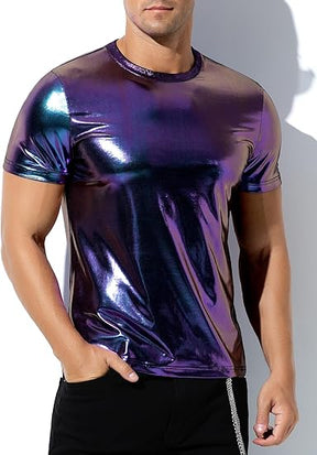 Hombres Sexy Brillante Metálico Camisetas Manga Corta Sparkly Camisas Disco Holográfico Tops