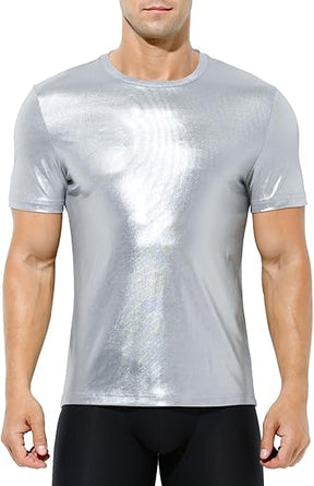 Hombres Sexy Brillante Metálico Camisetas Manga Corta Sparkly Camisas Disco Holográfico Tops