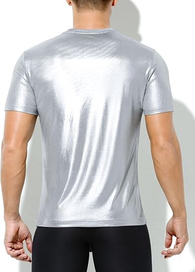 Hombres Sexy Brillante Metálico Camisetas Manga Corta Sparkly Camisas Disco Holográfico Tops