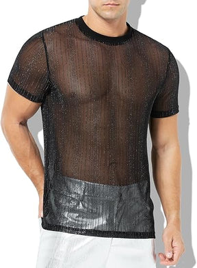 Men's Sexy Sparkly Sheer T-Shirts See-Through Lace Dress Shirts Tops