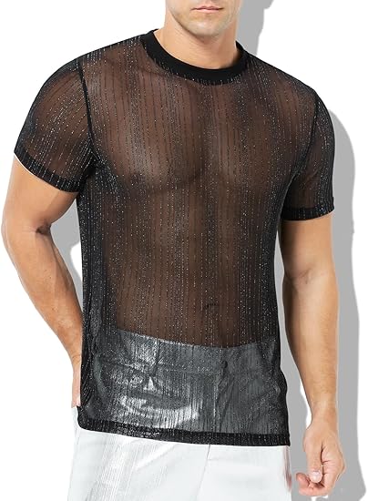 Men's Sexy Sparkly Sheer T-Shirts See-Through Lace Dress Shirts Tops