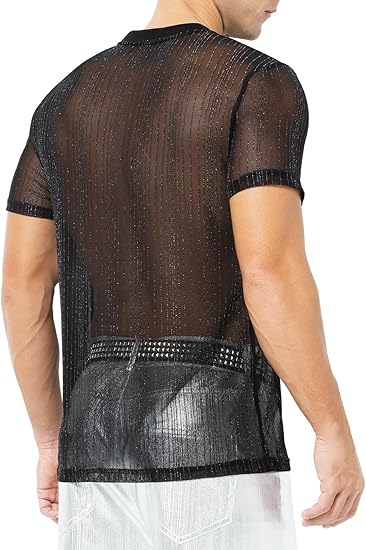 Men's Sexy Sparkly Sheer T-Shirts See-Through Lace Dress Shirts Tops