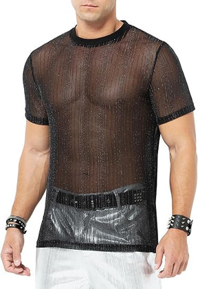 Men's Sexy Sparkly Sheer T-Shirts See-Through Lace Dress Shirts Tops