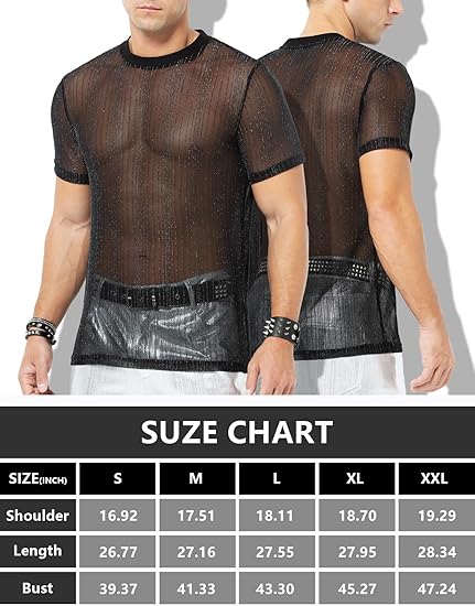 Men's Sexy Sparkly Sheer T-Shirts See-Through Lace Dress Shirts Tops