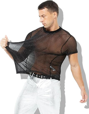 Men's Sexy Sparkly Sheer T-Shirts See-Through Lace Dress Shirts Tops