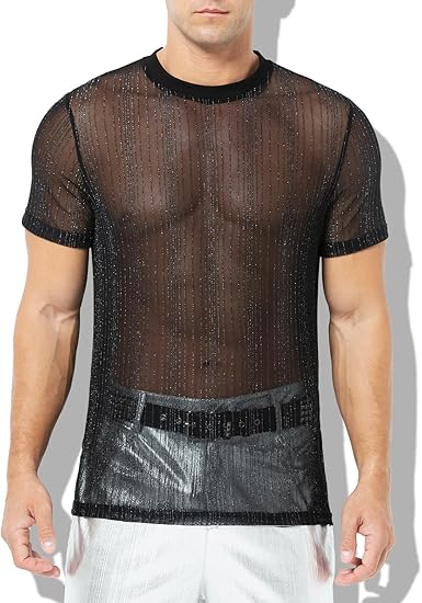 Men's Sexy Sparkly Sheer T-Shirts See-Through Lace Dress Shirts Tops