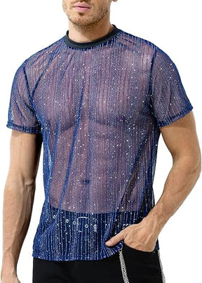 Arjen Kroos - Men's Sexy Sparkly Sheer T-Shirts See - Through Lace Dress Shirts Tops - Arjen Kroos - Deep Blue - CK330404S
#color_deep blue