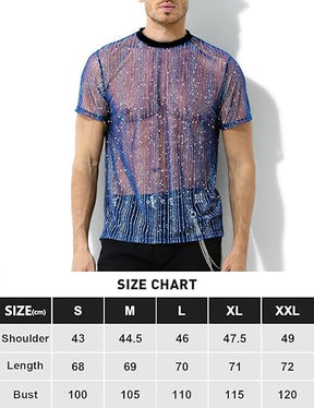 Men's Sexy Sparkly Sheer T-Shirts See-Through Lace Dress Shirts Tops