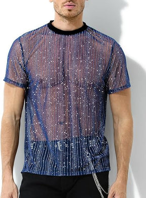 Men's Sexy Sparkly Sheer T-Shirts See-Through Lace Dress Shirts Tops