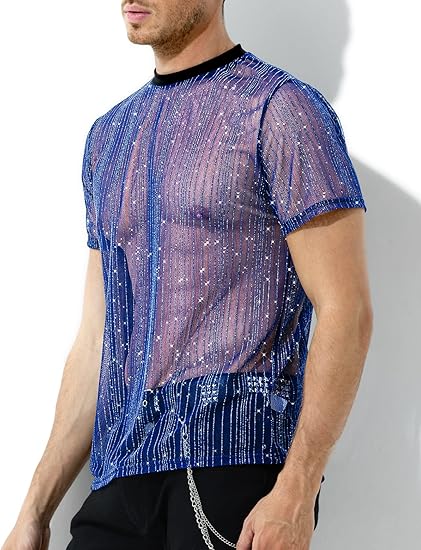 Men's Sexy Sparkly Sheer T-Shirts See-Through Lace Dress Shirts Tops