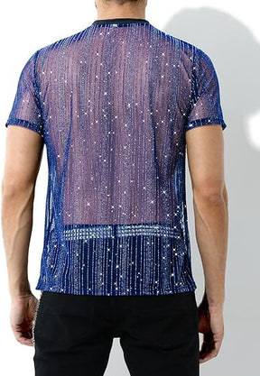 Men's Sexy Sparkly Sheer T-Shirts See-Through Lace Dress Shirts Tops