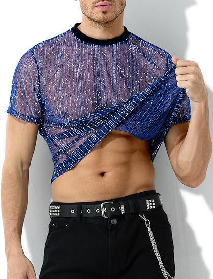 Men's Sexy Sparkly Sheer T-Shirts See-Through Lace Dress Shirts Tops