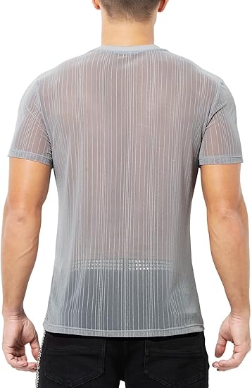 Men's Sexy Sparkly Sheer T-Shirts See-Through Lace Dress Shirts Tops