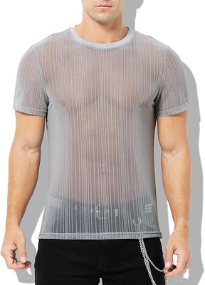 Men's Sexy Sparkly Sheer T-Shirts See-Through Lace Dress Shirts Tops