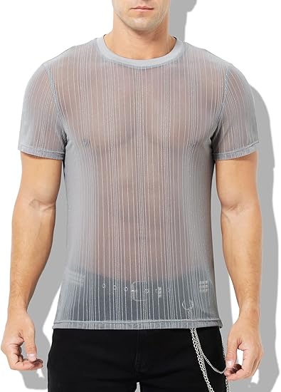 Men's Sexy Sparkly Sheer T-Shirts See-Through Lace Dress Shirts Tops