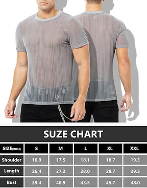 Men's Sexy Sparkly Sheer T-Shirts See-Through Lace Dress Shirts Tops