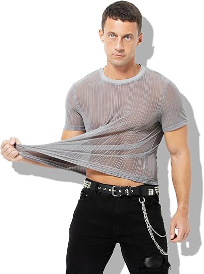 Men's Sexy Sparkly Sheer T-Shirts See-Through Lace Dress Shirts Tops