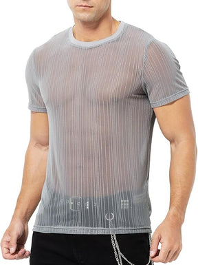 Men's Sexy Sparkly Sheer T-Shirts See-Through Lace Dress Shirts Tops