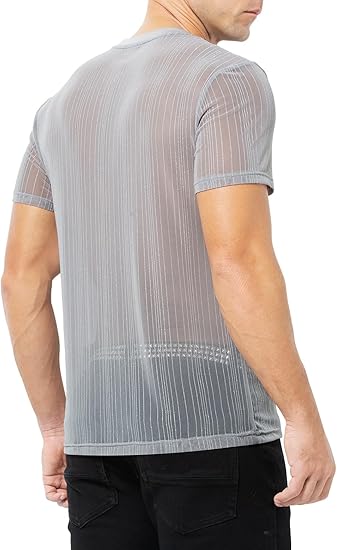 Men's Sexy Sparkly Sheer T-Shirts See-Through Lace Dress Shirts Tops