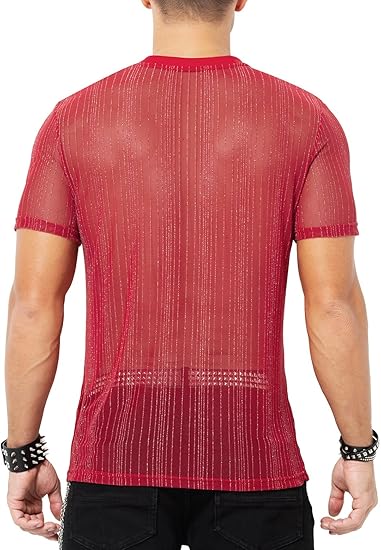 Arjen Kroos - Men's Sexy Sparkly Sheer T-Shirts See - Through Lace Dress Shirts Tops - Arjen Kroos - Red - CK330405S
#color_red