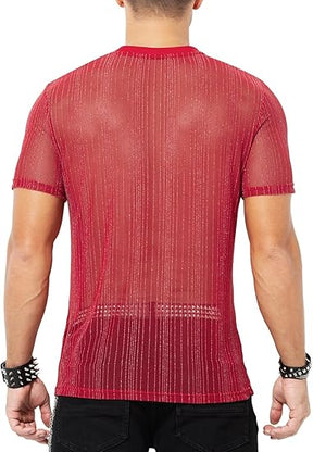 Men's Sexy Sparkly Sheer T-Shirts See-Through Lace Dress Shirts Tops