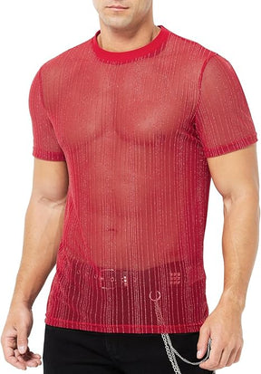 Men's Sexy Sparkly Sheer T-Shirts See-Through Lace Dress Shirts Tops