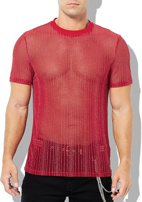 Men's Sexy Sparkly Sheer T-Shirts See-Through Lace Dress Shirts Tops