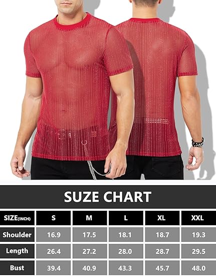 Men's Sexy Sparkly Sheer T-Shirts See-Through Lace Dress Shirts Tops