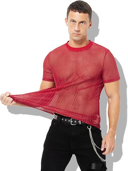 Men's Sexy Sparkly Sheer T-Shirts See-Through Lace Dress Shirts Tops