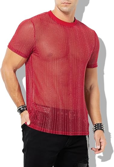 Men's Sexy Sparkly Sheer T-Shirts See-Through Lace Dress Shirts Tops