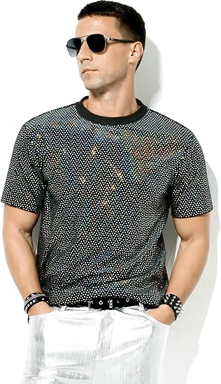 Arjen Kroos - Men's Short Sleeve Luxury Sequin T-Shirts Sparkly Velvet Dress Shirts - Arjen Kroos - Black - CK333267S
#color_black