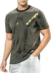 Arjen Kroos - Men's Short Sleeve Luxury Sequin T-Shirts Sparkly Velvet Dress Shirts - Arjen Kroos - Gold - CK333231S
#color_gold