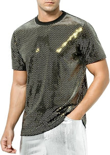 Arjen Kroos - Men's Short Sleeve Luxury Sequin T-Shirts Sparkly Velvet Dress Shirts - Arjen Kroos - Gold - CK333231S
#color_gold