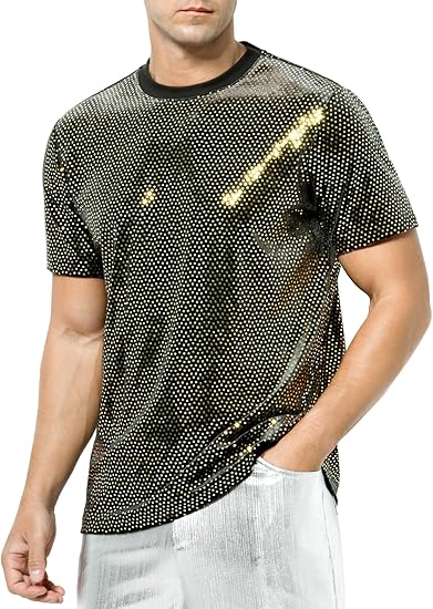 Arjen Kroos - Men's Short Sleeve Luxury Sequin T-Shirts Sparkly Velvet Dress Shirts - Arjen Kroos - Gold - CK333231S
#color_gold