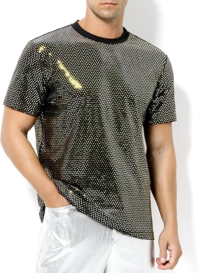 Arjen Kroos - Men's Short Sleeve Luxury Sequin T-Shirts Sparkly Velvet Dress Shirts - Arjen Kroos - Gold - CK333231S
#color_gold